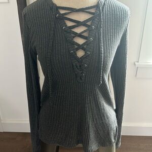 Poof long sleeve lace up front top